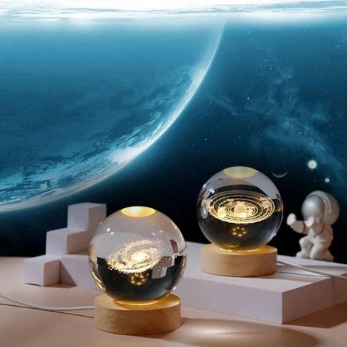 3D Galaxy Crystal Lamp – Laser-Engraved Solar System, Wooden Base & Ideal Gift