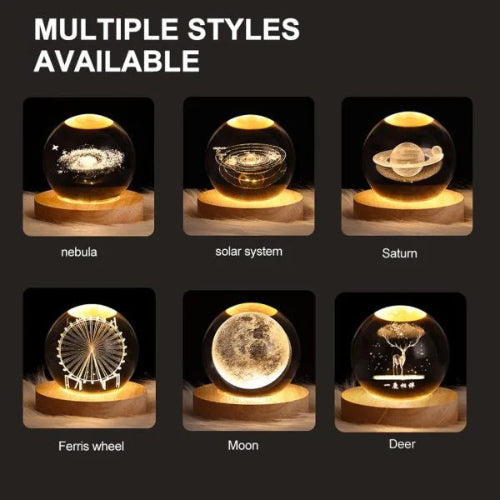 3D Galaxy Crystal Lamp – Laser-Engraved Solar System, Wooden Base & Ideal Gift