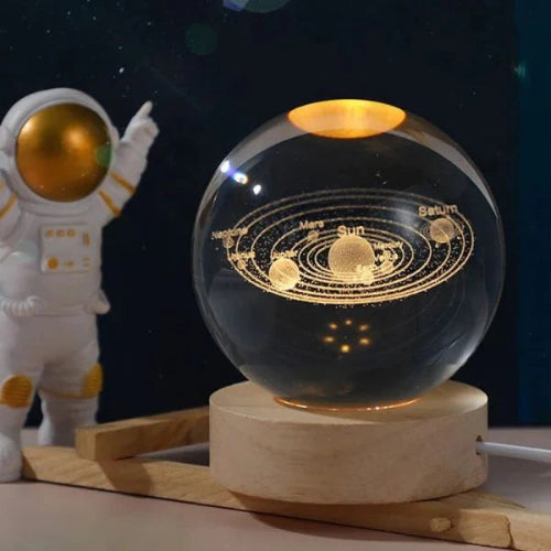 3D Galaxy Crystal Lamp – Laser-Engraved Solar System, Wooden Base & Ideal Gift
