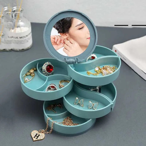 360° Rotating Jewelry Storage Box 4 Layers Portable Travel Jewellery Organizer With Mirror