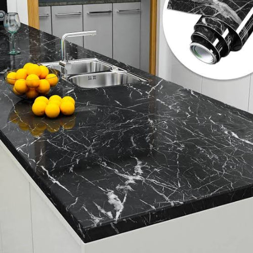 Self-Adhesive Black Marble Sheet – Waterproof, Oil & Heat Resistant Wallpaper for Kitchen